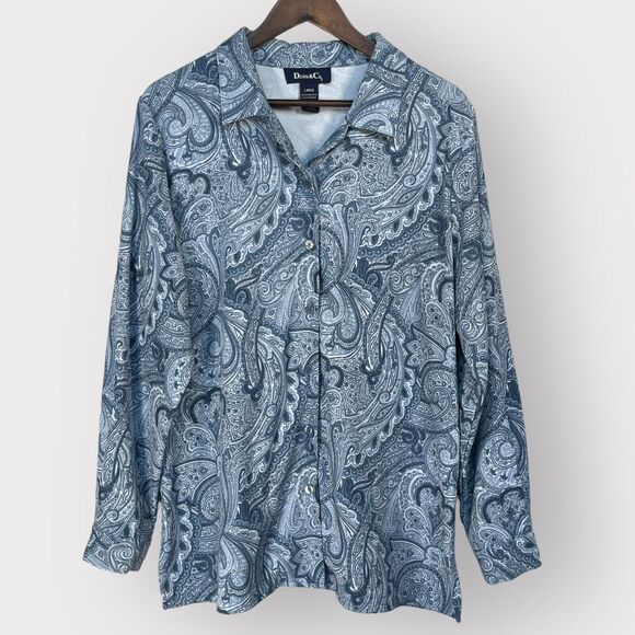 Denim &‎ Co. Button-Up Shirt Women L Blue Print Soft Fabric Long Sleeve C15 - Picture 1 of 13